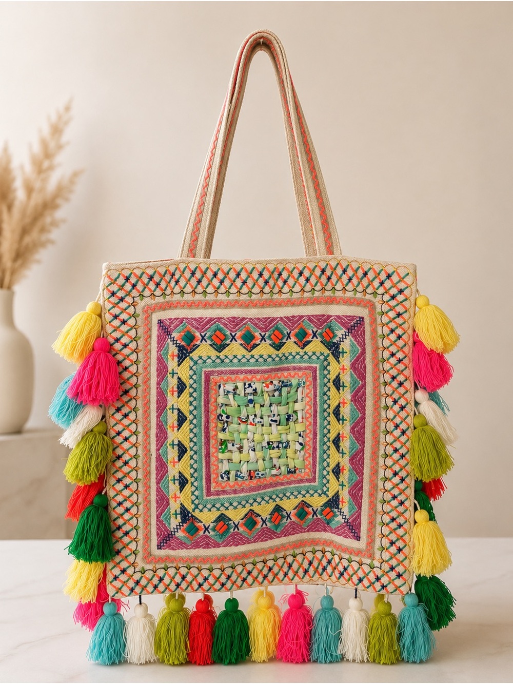 Boho Multicolor Tassel Embroidered Tote